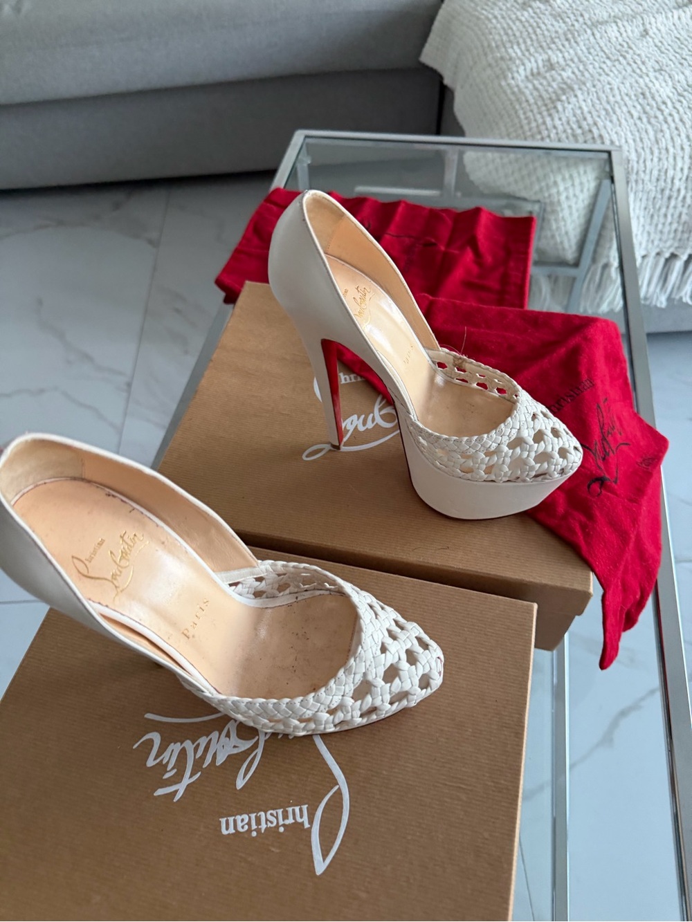 Christian Louboutin Ivory Woven Peep-Toe Platform Pumps6.5